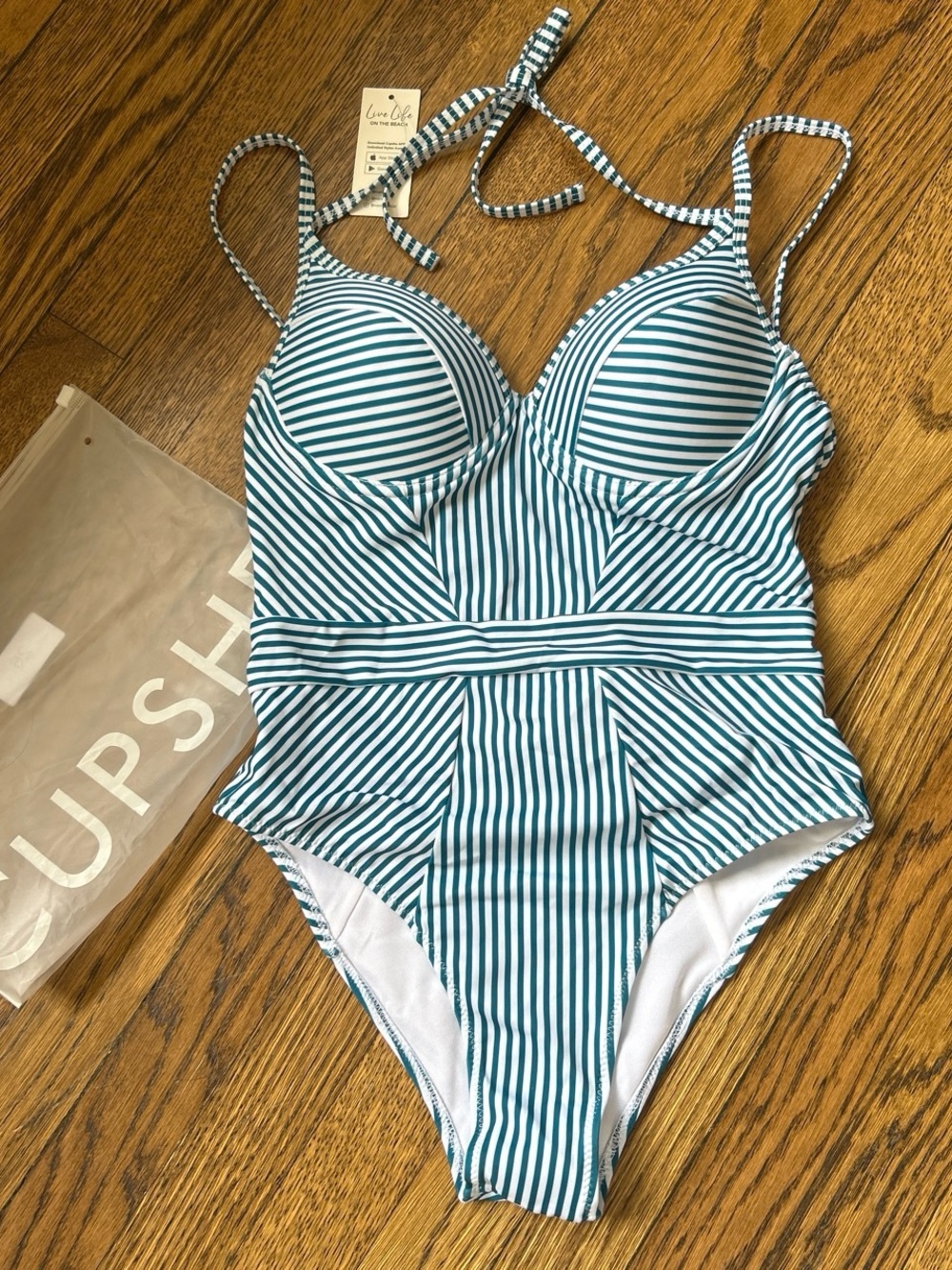 NWT Cupshe Retro Striped One-Piece Swimsuit in Teal and White